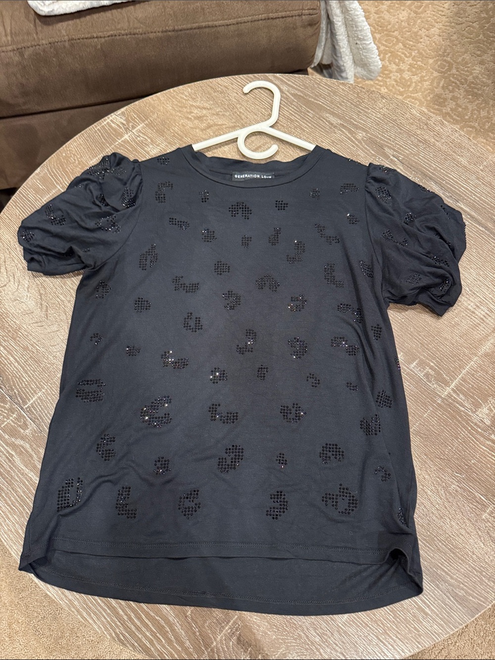 Black Embellished Puff Sleeve Women's Top -  Elegant Everyday